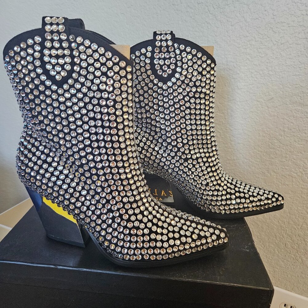 AZALEA WANG Crystal Rhinestone  Embellished Ankle Cowboy Boots 7